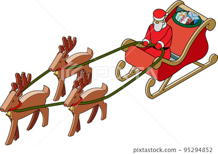 Isometric illustration of Santa Claus and reindeer pulling a sleigh loaded with Christmas gifts Isometric illustration of Santa Claus and reindeer pulling a sleigh loaded with Christmas gifts 95294852