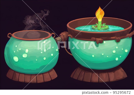 Witch cauldron, Halloween magic pot with green potion. Raster Witch cauldron, Halloween magic pot with green potion. Raster 95295672
