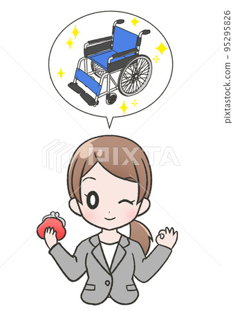 一個穿著黑色西裝的微笑女人的插圖素材,她很高興找到一種廉價購買或租用輪椅的方法 一個穿著黑色西裝的微笑女人的插圖素材,她很高興找到一種廉價購買或租用輪椅的方法 95295826
