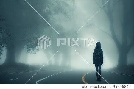 road and big trees in fog, mystical foggy autumnal road and big trees in fog, mystical foggy autumnal 95296843
