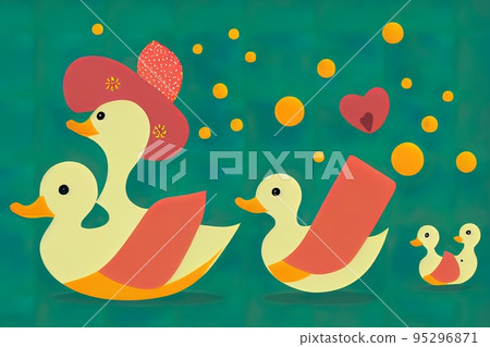 Mother duck with children ducklings, she is wearing dress Mother duck with children ducklings, she is wearing dress 95296871