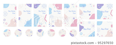 Winter social media stories and posts set. Abstract winter shapes with snowflakes, and wavy patterns. Ready to use modern minimal colorful backhrounds for social media stories and promo sale posts. 95297650