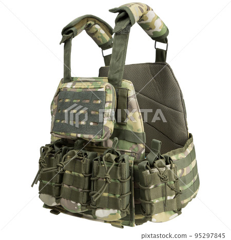 Body armor or army tactical vest, with pockets for ammunition, on a white background 95297845
