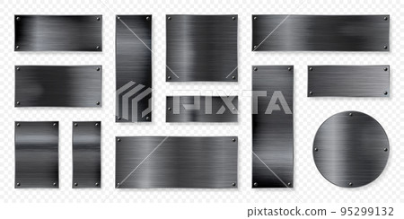 Realistic black metal banners collection. Brushed steel or aluminium plate, panel with screws. Polished metal surface. Old grunge texture with scratches. Vector illustration Realistic black metal banners collection. Brushed steel or aluminium plate, panel with screws. Polished metal surface. Old grunge texture with scratches. Vector illustration 95299132
