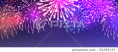 Realistic festive fireworks with transparency effect. Colorful explosion with bright sparks. Christmas or New Year greeting card design element. Diwali festival of lights. Vector illustration Realistic festive fireworks with transparency effect. Colorful explosion with bright sparks. Christmas or New Year greeting card design element. Diwali festival of lights. Vector illustration 95299133