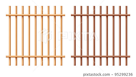 Realistic wooden lattice, rural picket fence. Farm or village house boundary, garden enclosing planks. Detailed wooden jail cage. Criminal background mockup. Creative vector illustration 95299236