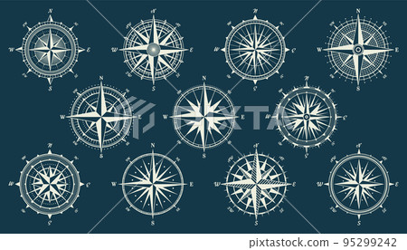 Vintage marine wind rose, nautical chart. Monochrome navigational compass with cardinal directions of North, East, South, West. Geographical position, cartography and navigation. Vector illustration. 95299242