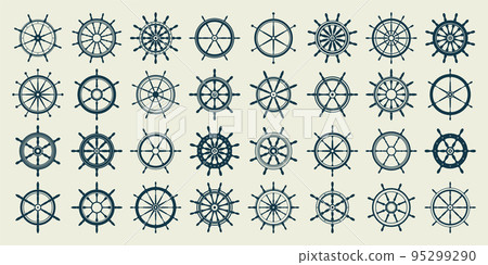 Collection of vintage steering wheels. Ship, yacht retro wheel symbol. Nautical rudder icon. Marine design element. Vector illustration Collection of vintage steering wheels. Ship, yacht retro wheel symbol. Nautical rudder icon. Marine design element. Vector illustration 95299290