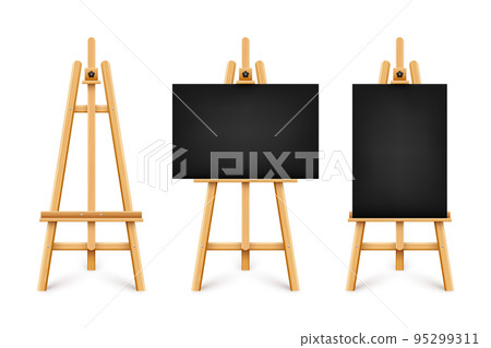 Realistic paint desk with blank black canvas. Wooden easel and a sheet of drawing paper. Presentation board on a tripod. Artwork mockup, template. Vector illustration 95299311