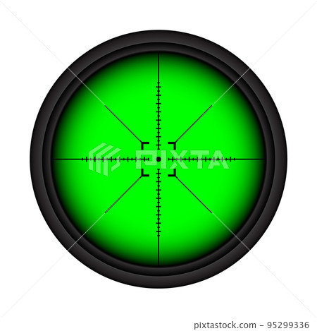 Weapon night sight, sniper rifle optical scope. Hunting gun viewfinder with crosshair. Aim, shooting mark symbol. Military target sign, silhouette. Game interface UI element. Vector illustration Weapon night sight, sniper rifle optical scope. Hunting gun viewfinder with crosshair. Aim, shooting mark symbol. Military target sign, silhouette. Game interface UI element. Vector illustration 95299336