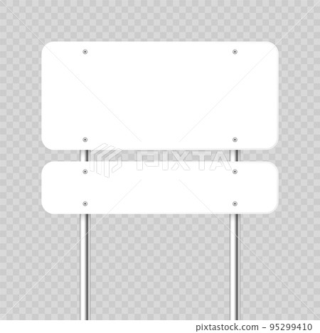 Road, traffic sign. Highway signboard on a chrome metal pole. Blank white board with place for text. Directional signage and wayfinder. Information sign mockup. Vector illustration. 95299410