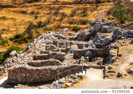 Greece, Mycenae, ruins of the ancient city, Landscape of the Peloponnese after a fire Greece, Mycenae, ruins of the ancient city, Landscape of the Peloponnese after a fire 95299506