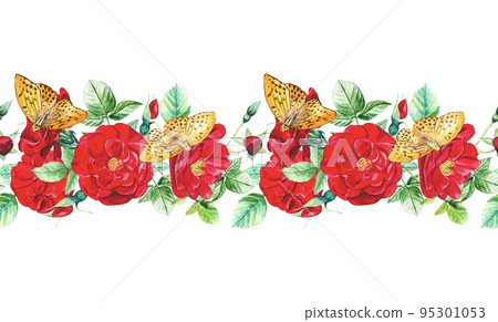 Seamless border of red rose buds and orange butterflies. Hand drawn watercolor 95301053