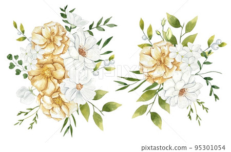 Set of beige and white flowers with green leaves on a white background.watercolor illustration 95301054