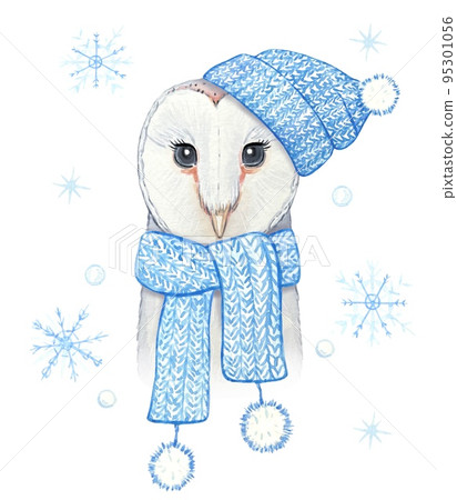 Cute owl in a knitted blue hat and scarf. watercolor illustration 95301056
