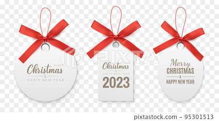 Merry Christmas and Happy New Year label. Different shape tags with red ribbon. 95301513