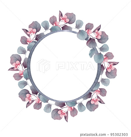 Floral design frame. Wedding seasonal flower card. Floral round composition. Isolated on white. Floral design frame. Wedding seasonal flower card. Floral round composition. Isolated on white. 95302303