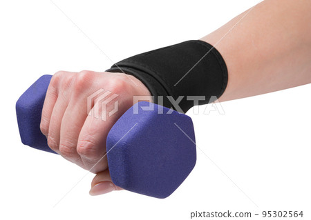 A woman's hand with a black wristband on her wrist, in her hand a lilac dumbbell, concept, on a white background 95302564