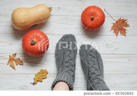 Legs of a girl in knitted socks on a wooden background next to pumpkins and autumn leaves 95302692
