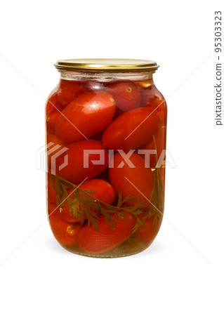 Glass jar with pickled tomatoes on a white background. canned tomatoes Glass jar with pickled tomatoes on a white background. canned tomatoes 95303323