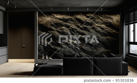 Contemporary black interior with rock stone wall, sofa and decor. 3d render illustration mockup. Contemporary black interior with rock stone wall, sofa and decor. 3d render illustration mockup. 95303836