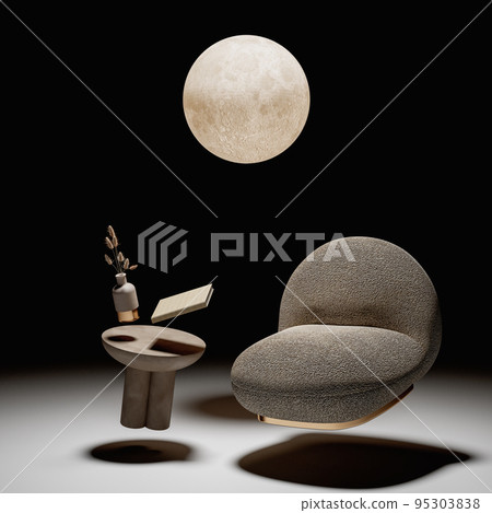 Zero gravity furniture, armchair, coffee table, white background, interior, night, dark background, moon light, lamp. 3D render Illustration, isolated objects. 95303838