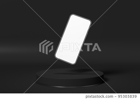 Black silver presentation podium with phone front, screen. 3d render illustration mockup. 95303839