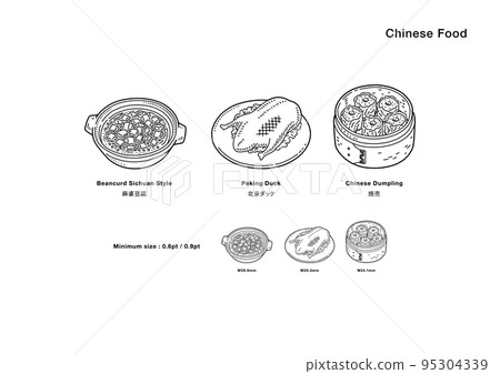 Illustration of Chinese food (mapo tofu, Peking duck, shumai / line drawing, monochrome) 95304339