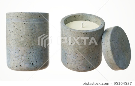 Two different views of container candle with cotton wick in gray concrete jar with lid 3D render, luxury gift template, commercial product mock-up Two different views of container candle with cotton wick in gray concrete jar with lid 3D render, luxury gift template, commercial product mock-up 95304587