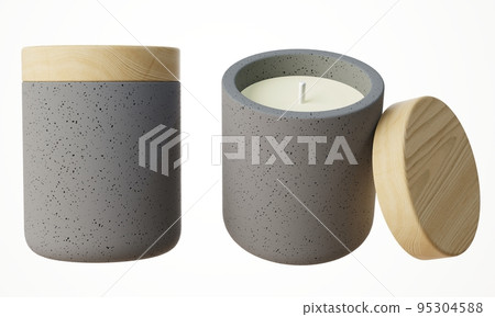 Two different views of gray container candle with cotton wick in concrete jar with wooden lid 3D render, luxury gift template, commercial product mock-up Two different views of gray container candle with cotton wick in concrete jar with wooden lid 3D render, luxury gift template, commercial product mock-up 95304588