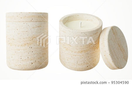 Two different views of container candle with cotton wick in stone jar with lid 3D render, luxury gift template, commercial product mock-up 95304590