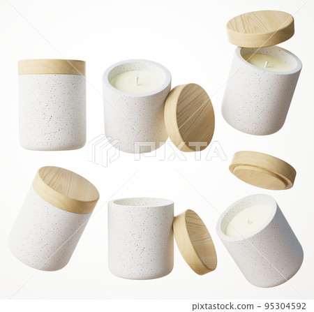 Set of six different views of white concrete container candle with cotton wick in jar with wooden lid 3D render, luxury gift template, commercial product mock-up Set of six different views of white concrete container candle with cotton wick in jar with wooden lid 3D render, luxury gift template, commercial product mock-up 95304592