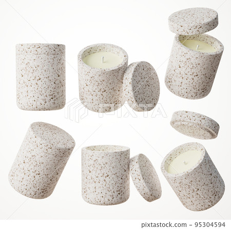 Set of six different views of container candle with cotton wick in terrazzo concrete jar with lid 3D render, luxury gift template, commercial product mock-up Set of six different views of container candle with cotton wick in terrazzo concrete jar with lid 3D render, luxury gift template, commercial product mock-up 95304594