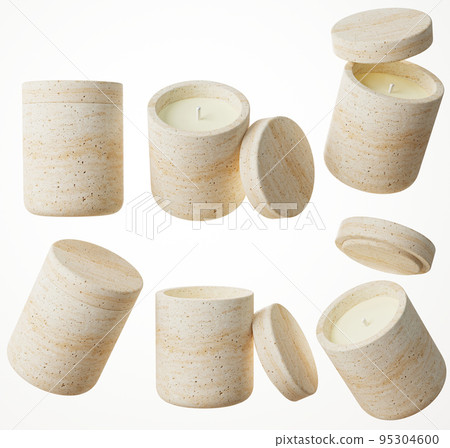 Set of six different views of container candle with cotton wick in stone jar with lid 3D render, luxury gift template, commercial product mock-up 95304600