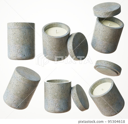 Set of six different views of container candle with cotton wick in gray concrete jar with lid 3D render, luxury gift template, commercial product mock-up 95304618