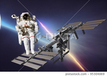 The astronaut on a background of a planet. Elemen ts of this image furnished by NASA, 3d render. 95304869