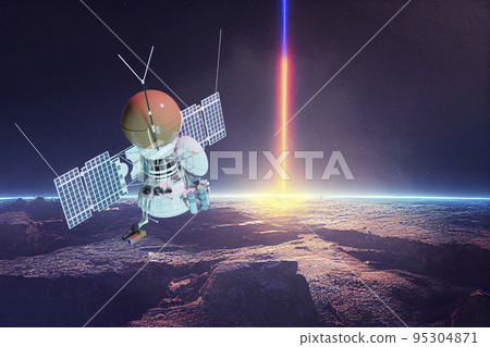 A probe investigates a beautiful cloud covered planet in deep space. Clouds swirl over the planet's surface and through its atmosphere. Elements of this image furnished by NASA. 3d rendering. A probe investigates a beautiful cloud covered planet in deep space. Clouds swirl over the planet's surface and through its atmosphere. Elements of this image furnished by NASA. 3d rendering. 95304871