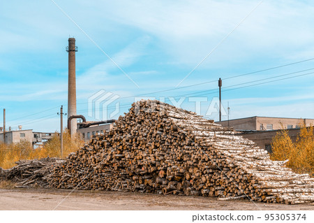A pile of logs with a big pipe of a thermal power plant on background 95305374