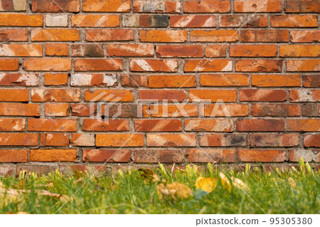 Old red brick wall with green grass Old red brick wall with green grass 95305380