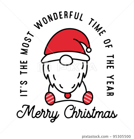 Mountain Camping christmas badge design with a cute gnome in line art style and quote It's the most wonderful time of the year. Travel logo graphics. Stock vector label 95305500