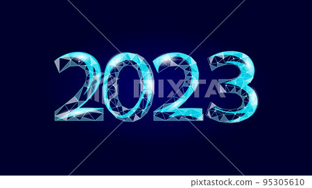 2023 New Year 3D metal ice texture. Glowing shape blue dark neon number illustration. Celebration decoration steel silver chrome poster greeting card vector 95305610