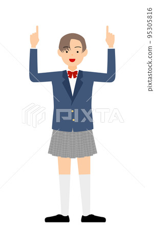 Genderless student, blazer uniform, pointing up with both hands Genderless student, blazer uniform, pointing up with both hands 95305816
