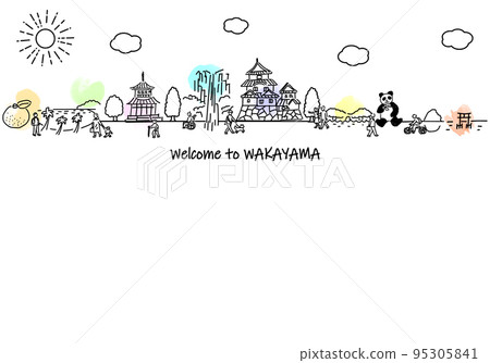 Hand-drawn Wakayama Prefecture cityscape and simple line drawings of people 95305841