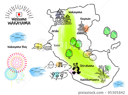 Simple line drawing illustration map of sightseeing spots in Wakayama Prefecture 95305842