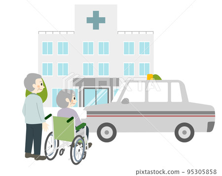 Elderly people going to the hospital by taxi 95305858
