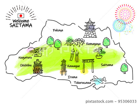 Simple line drawing illustration map of sightseeing spots in Saitama Prefecture 95306033