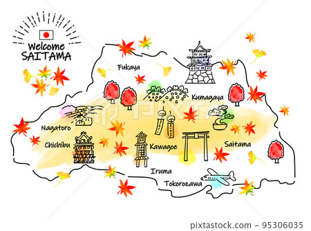 Simple line drawing illustration map of tourist spots in Saitama prefecture in autumn 95306035