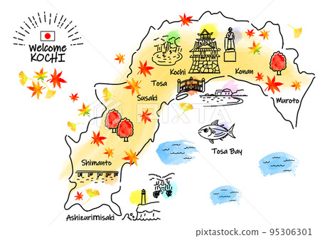 Simple line drawing illustration map of tourist spots in Kochi prefecture in autumn 95306301