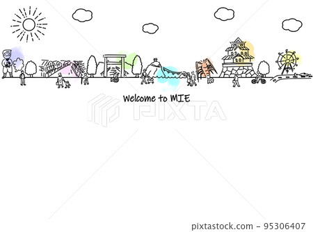 Hand-drawn cityscape of Mie Prefecture and simple line drawings of people Hand-drawn cityscape of Mie Prefecture and simple line drawings of people 95306407