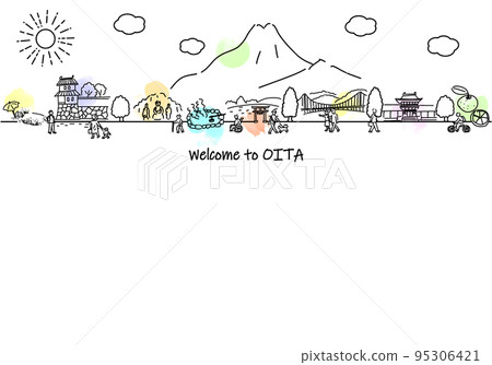 Hand-drawn Oita Prefecture cityscape and simple line drawings of people 95306421